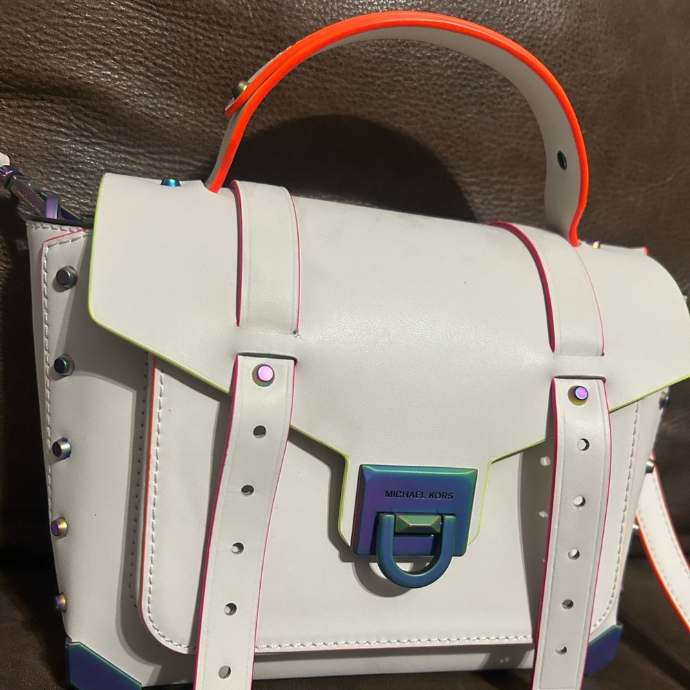 Michael Kors White Satchel with Neon Accents